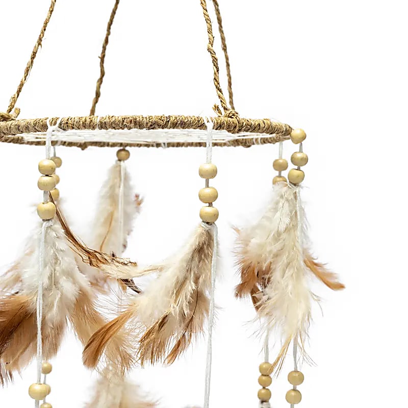 Attrape-rêves rond en chanvre, que des plumes et matiètres naturelles. Taille ±46x16 cm - Poids ± 45 gr. !