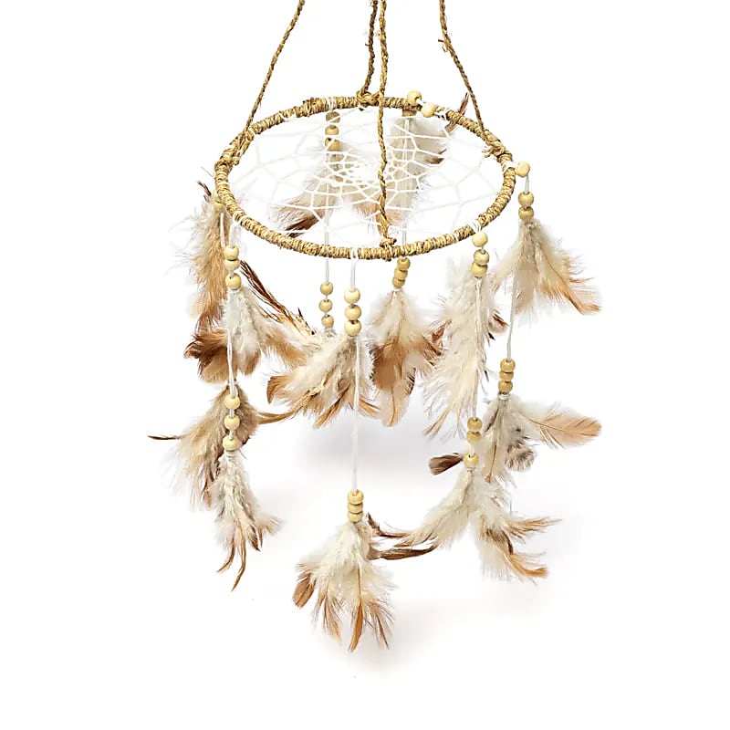 Attrape-rêves rond en chanvre, que des plumes et matiètres naturelles. Taille ±46x16 cm - Poids ± 45 gr. !