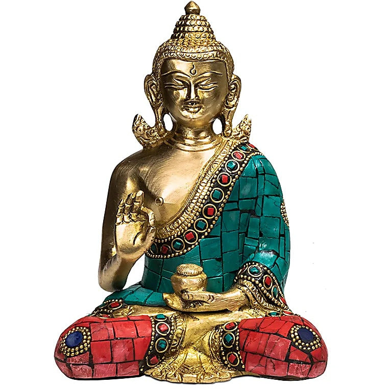 Bouddha mudra enseignement recouvert de mosaïque - 16 centimètres - 1030 grammes. Fait en métal (laiton) !