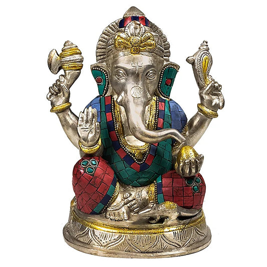 Ganesh en métal (laiton) avec pierres incrustées - 20 cm de haut - 3,01 kg., superbe pièce !