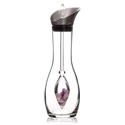 Bouteille/ Décanteur 'Era' de 1,3 litres, pour une nouvelle ère dans la préparation de « l’eau de gemme ». Verre sans métaux lourds ! vendu avec ou sans minéraux ! 3 bâtons de gemmes au choix : Diamant / 5 éléments / Bien être !