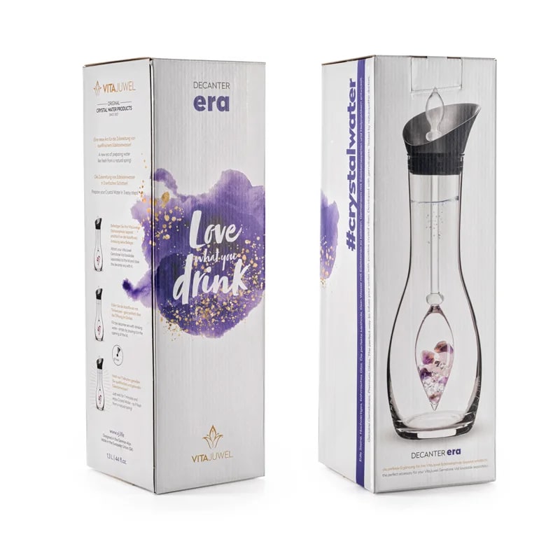 Bouteille/ Décanteur 'Era' de 1,3 litres, pour une nouvelle ère dans la préparation de « l’eau de gemme ». Verre sans métaux lourds ! vendu avec ou sans minéraux ! 3 bâtons de gemmes au choix : Diamant / 5 éléments / Bien être !