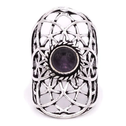 Bague réglable avec Fleur de vie et cabochon en améthyste. Fait en laiton argenté. Superbe pièce !