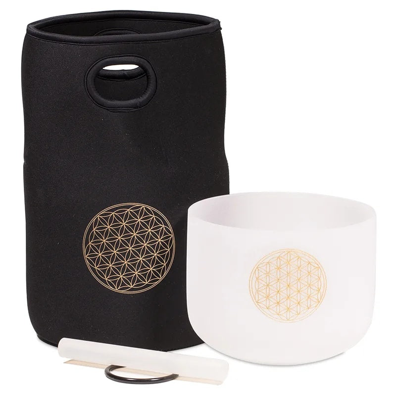 Bol chantant en cristal givré 432 Hz, avec Fleur de vie, 20 cm - 2230 gr.- Accordé en Fa/ F ! Vendu avec maillet, anneau de soutien et housse !