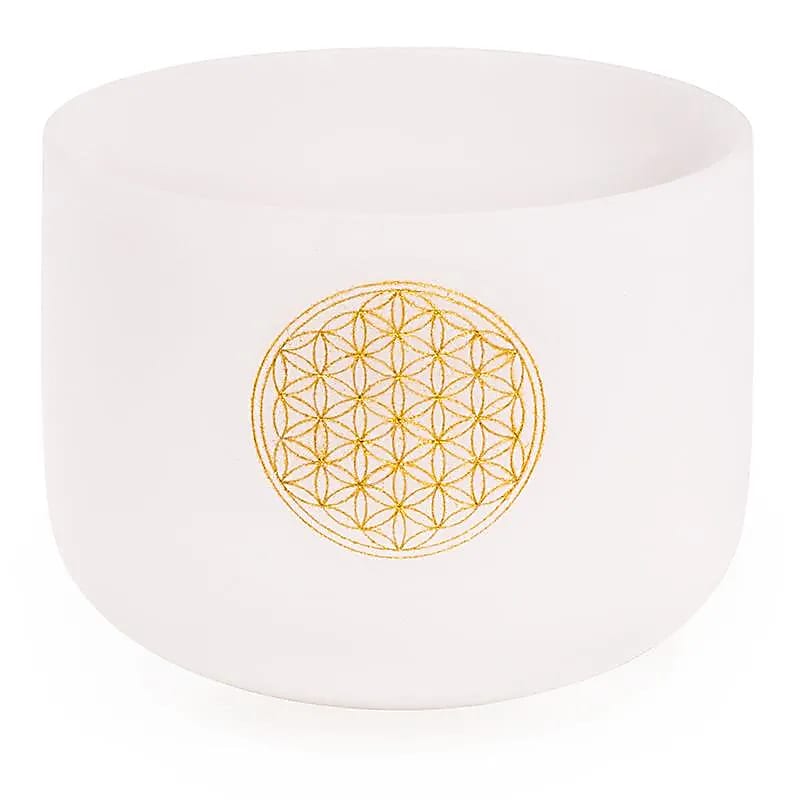Bol chantant en cristal givré 432 Hz, avec Fleur de vie, 20 cm - 2230 gr.- Accordé en Fa/ F ! Vendu avec maillet, anneau de soutien et housse !