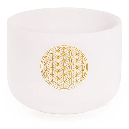 Bol chantant en cristal givré 432 Hz, avec Fleur de vie, 20 cm - 2230 gr.- Accordé en Fa/ F ! Vendu avec maillet, anneau de soutien et housse !