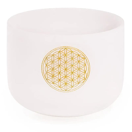 Bol chantant en cristal givré 432 Hz, avec Fleur de vie, 20 cm - 2230 gr.- Accordé en Fa/ F ! Vendu avec maillet, anneau de soutien et housse !