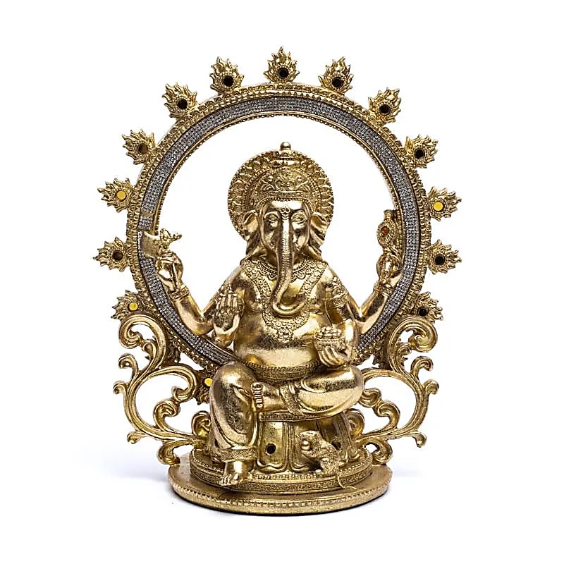 Ganesh couleur Or avec anneau de feu - 30 x 25 x 14 cm - 1280 grammes !