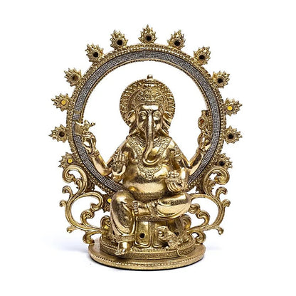 Ganesh couleur Or avec anneau de feu - 30 x 25 x 14 cm - 1280 grammes !