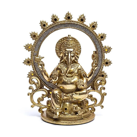 Ganesh couleur Or avec anneau de feu - 30 x 25 x 14 cm - 1280 grammes !