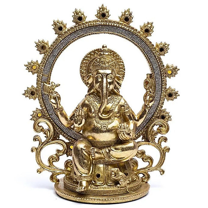 Ganesh couleur Or avec anneau de feu - 30 x 25 x 14 cm - 1280 grammes !