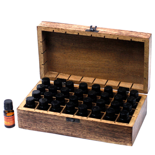 Coffret d’Aromathérapie en bois de manguier sculpté – Motifs floraux – Pour 32 flacons d’huiles essentielles !