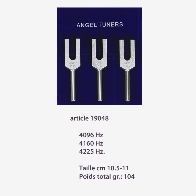 Set 'Angel tuner' de 3 diapasons, en aluminium anodisé finition Argent, set de 13 x 15 cm. Livré dans 1 pochette en velours bleu !