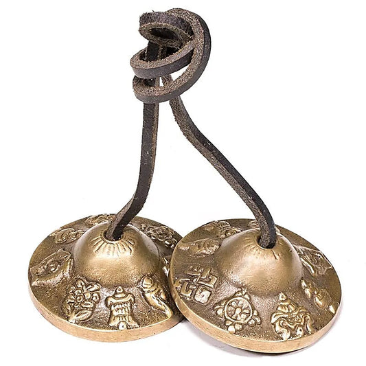 Cymbale TibétaineTingsha, avec gravure des symboles auspicieux Bouddhiste, 3 tailles au choix de 5,5 à 7,5 cm. Utilisées comme offrandes musicales !
