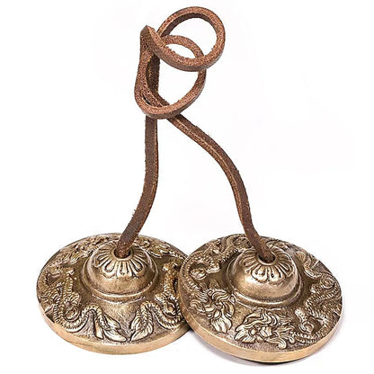 Cymbale Tibétaine/ Tingsha, avec gravure du Dragon, 3 tailles au choix de 5,8 à 7,7 cm ! Utilisées comme offrandes musicales !
