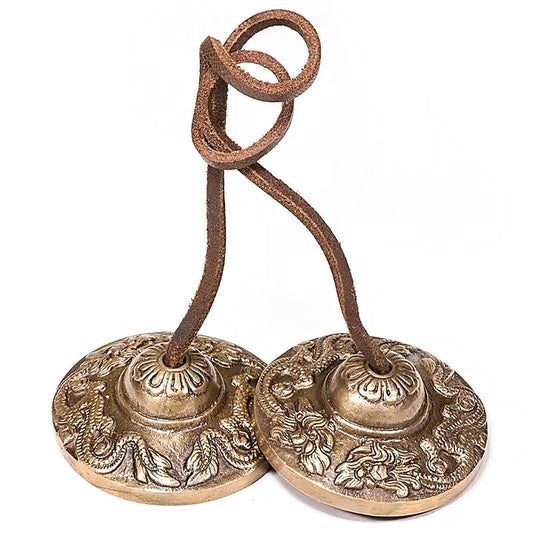 Cymbale Tibétaine/ Tingsha, avec gravure du Dragon, 3 tailles au choix de 5,8 à 7,7 cm ! Utilisées comme offrandes musicales !
