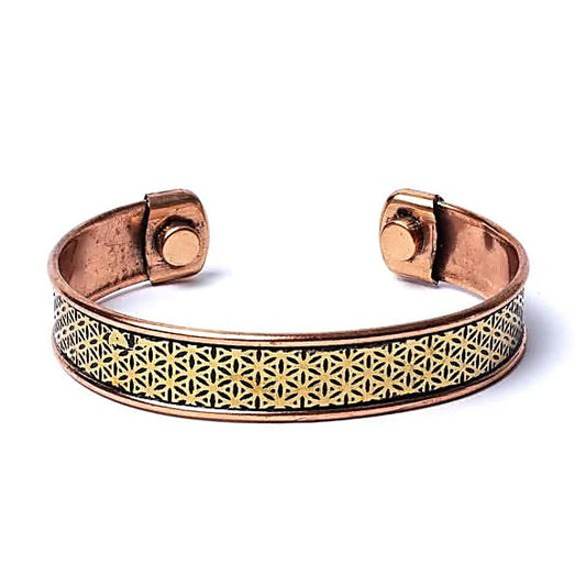 Bracelet magnétique “manchette” en cuivre – Gravure Fleur de Vie