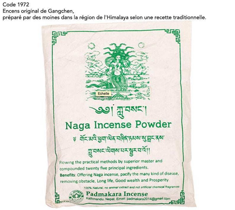 Encens original de chez 'Gangchen', en poudre*, sachet de 40 gr., préparé par des moines dans la région de l'Himalaya selon une recette traditionnelle.  Ingrédients 100% naturels !!