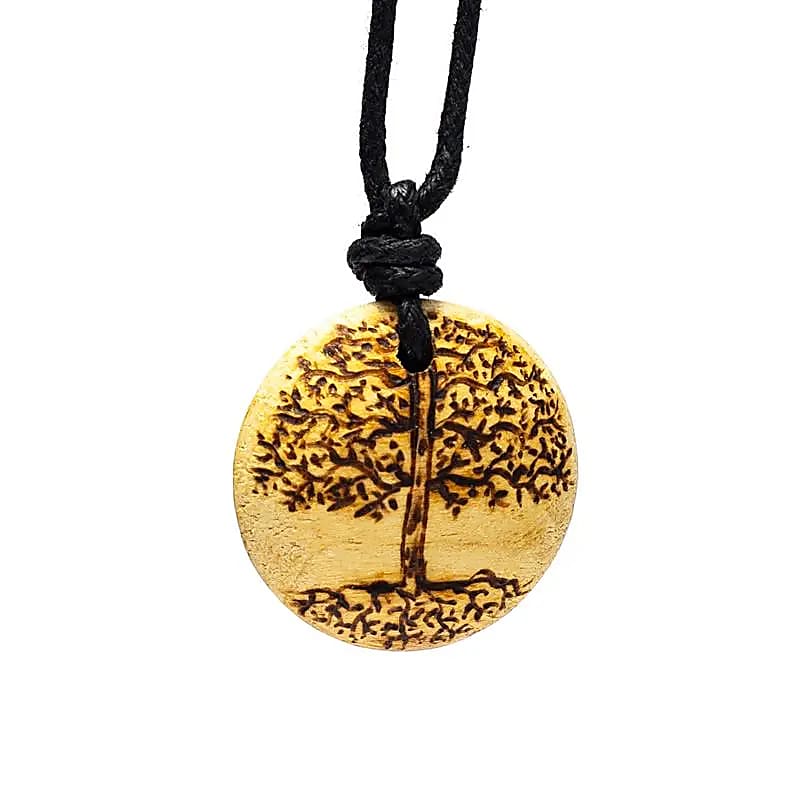 Palo Santo, pendentif rond avec Arbre de Vie de 3,5 cm sur cordon de longueur (min / max): 38 -70cm