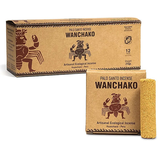 Encens Wanchako péruvien – Palo Santo pur, 2 versions : nature ou 7 herbes 🌿. Boîte de 4 piles à découper !