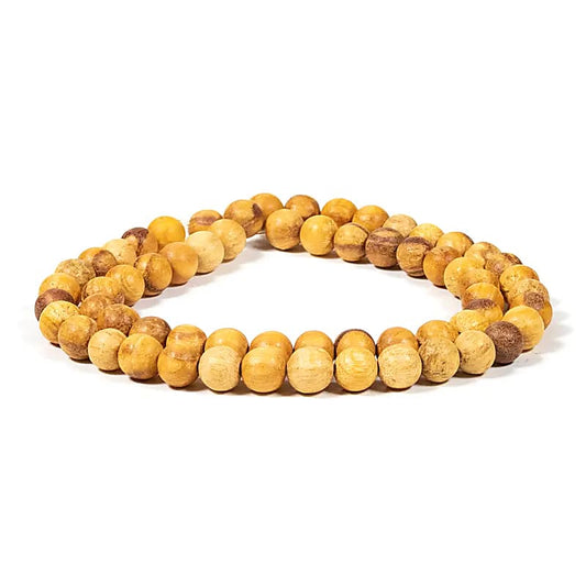 Palo santo (bois), perles rondes de 6 ou 8 mm par pack de 100, ou en bracelet de 17 à 21cm, collier de 42cm et sautoir de 60cm. Finition naturelle et odorante car le palo santo est un encens puissant !