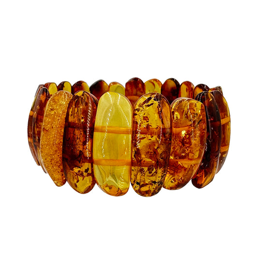 Ambre, bracelet de perles en forme de 'plaquettes rectangulaires', ± 30x10x5 mm - ± 18 cm. Fil élastique haute résistance !