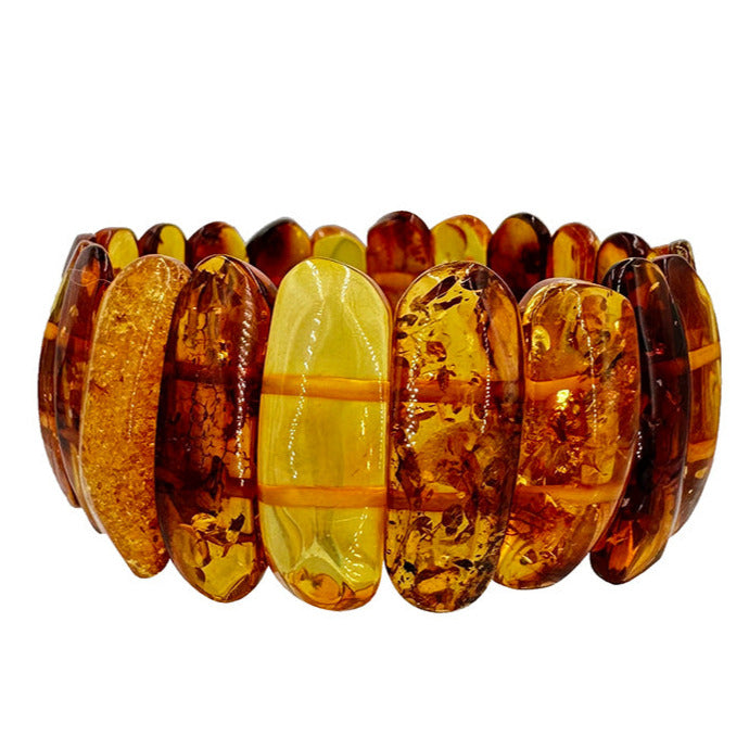 Ambre, bracelet de perles en forme de 'plaquettes rectangulaires', ± 30x10x5 mm - ± 18 cm. Fil élastique haute résistance !