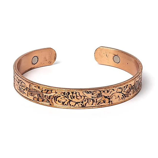 Bracelet en cuivre avec de petits aimants fixés aux deux extrémités - Motif : Feuille - 6,5 x 1 cm