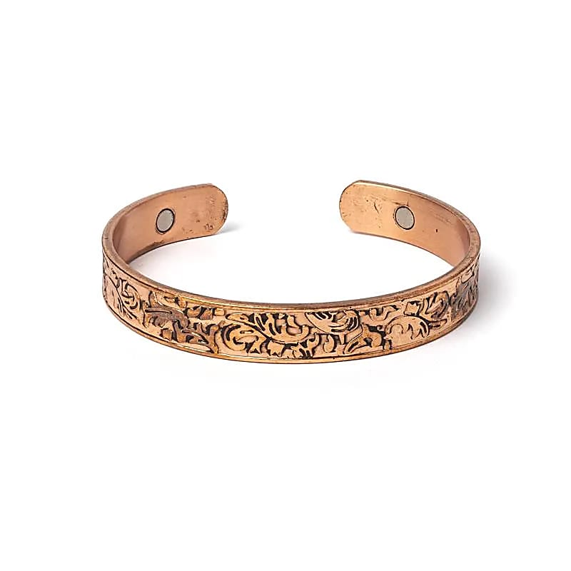 Bracelet en cuivre avec de petits aimants fixés aux deux extrémités - Motif : Feuille - 6,5 x 1 cm