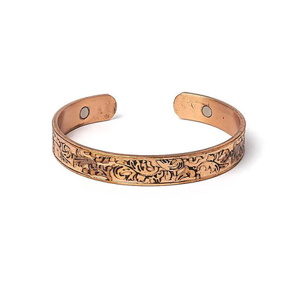 Bracelet en cuivre avec de petits aimants fixés aux deux extrémités - Motif : Feuille - 6,5 x 1 cm