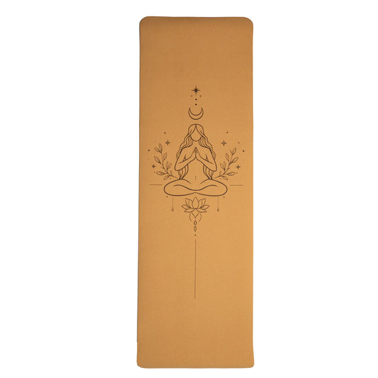 Tapis de yoga en liège / TPE de chez  Yogi & Yogini, avec motif du féminin divin - 61x183x0.5 cm