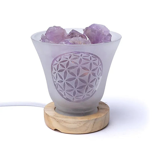 Lampe/ coupelle 'à gemme' avec motif 'Fleur de vie' avec câble et LED, sur socle en bois d'orme. Provenance : Inde - 12 x 12 cm - 0,400 kg !