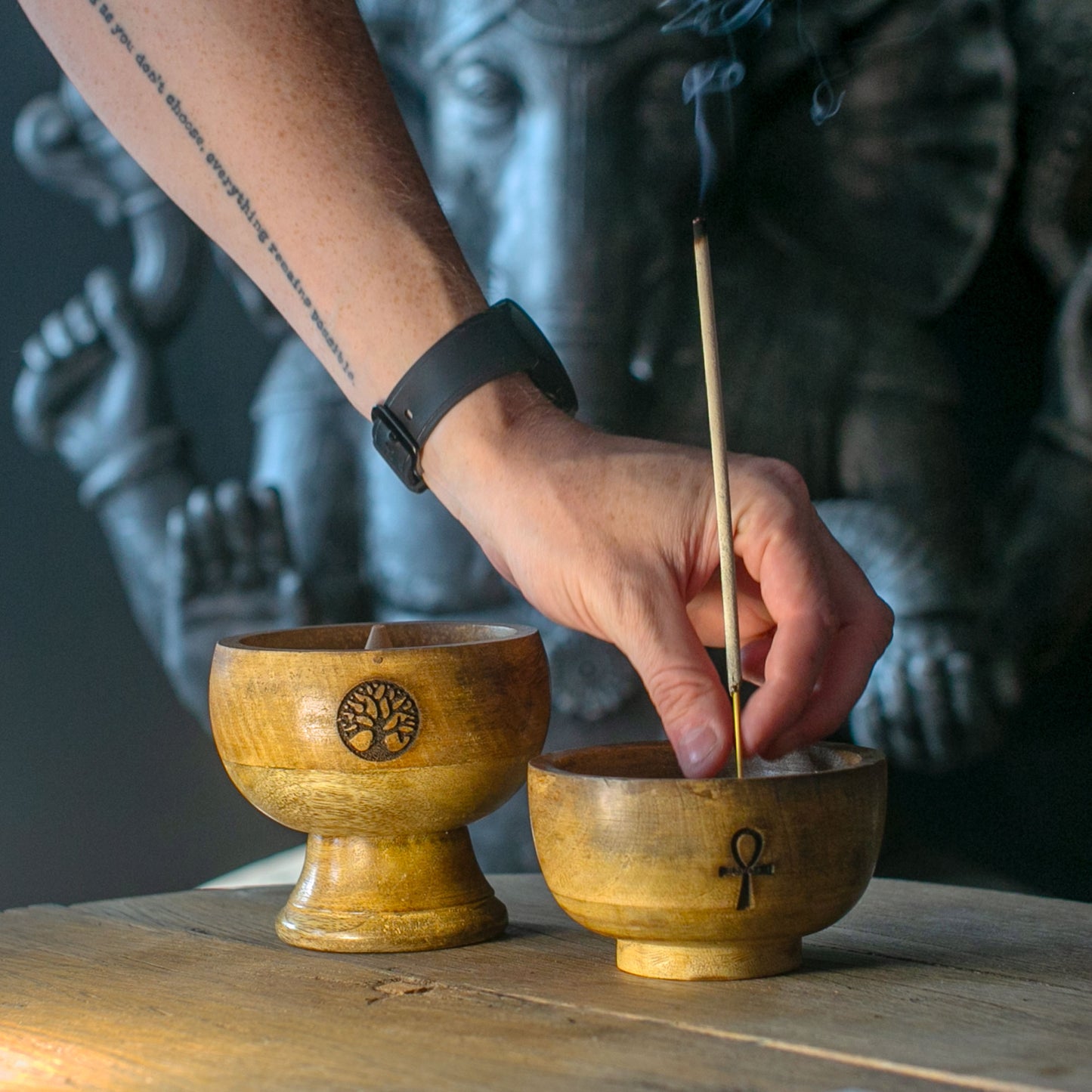 Lot de 3 bols à encens en bois de manguier – Idéal pour cônes, bâtons et résines naturelles – 11x5,5 cm