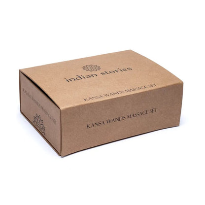 Coffret de massage ayurvédique – Set de 4 baguettes Kansa en bronze (cuivre + étain) avec manches en teck – 30 x 23 cm – 912 gr. !