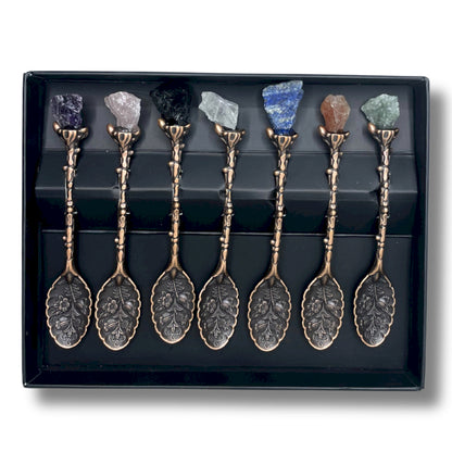 Cuillères Bronze et Pierres Naturelles (7 pcs) – 17×13×2,5 cm, 200 g – Énergie et Symbolisme