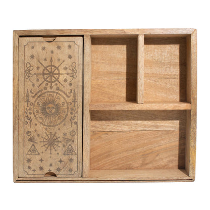 Boîte à tarot à quatre sections pour tirage et rangement structuré - Fait en bois de manguier - 25 x 15 x 5 cm