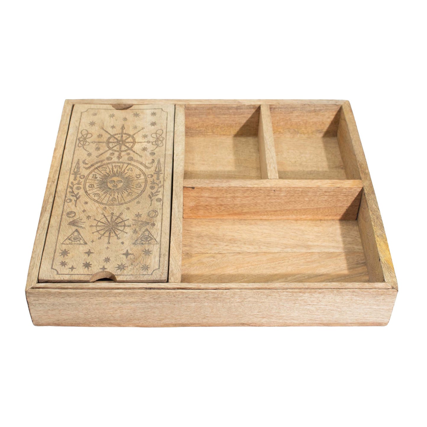 Boîte à tarot à quatre sections pour tirage et rangement structuré - Fait en bois de manguier - 25 x 15 x 5 cm