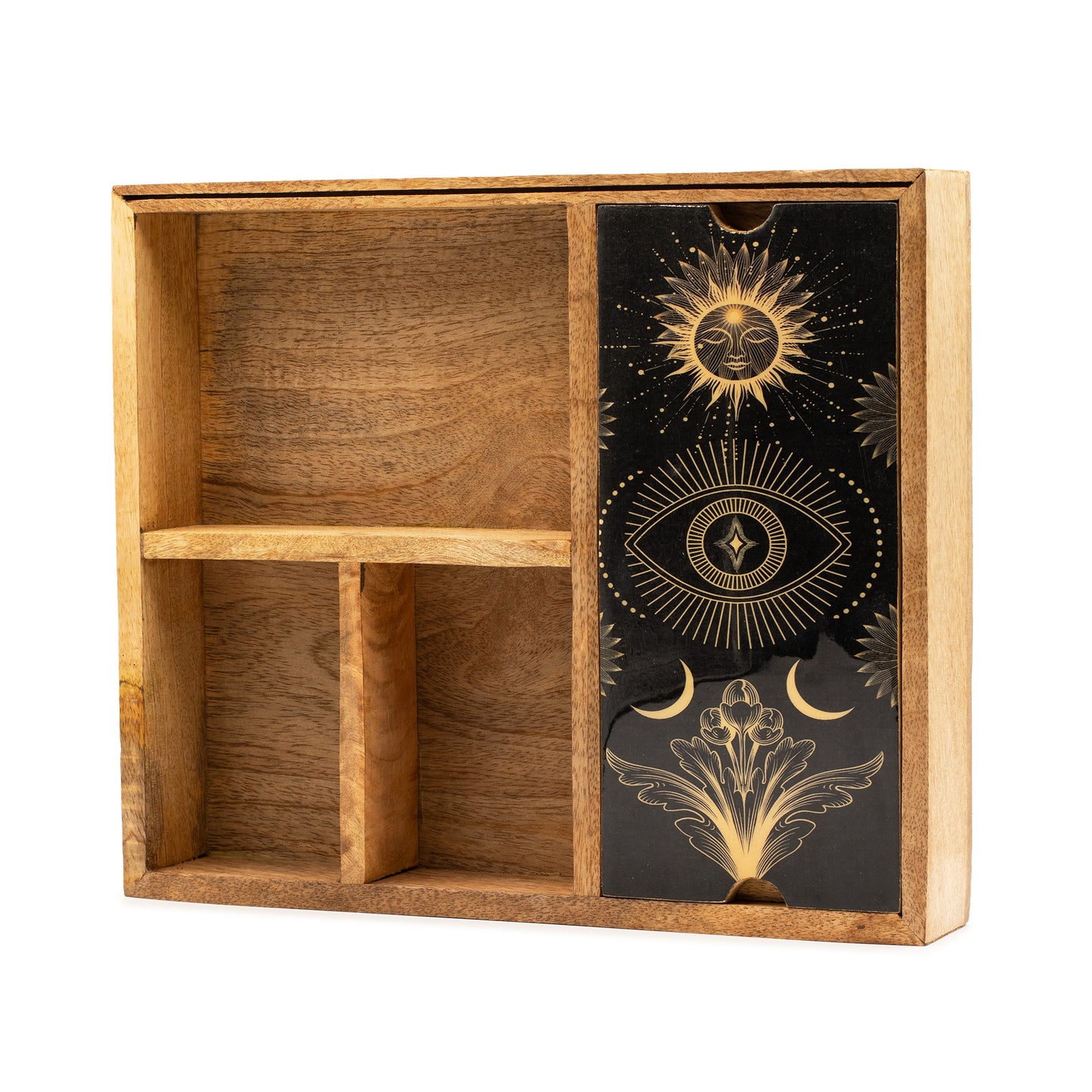 Boîte à tarot à quatre sections pour tirage et rangement structuré - Fait en bois de manguier - 25 x 15 x 5 cm