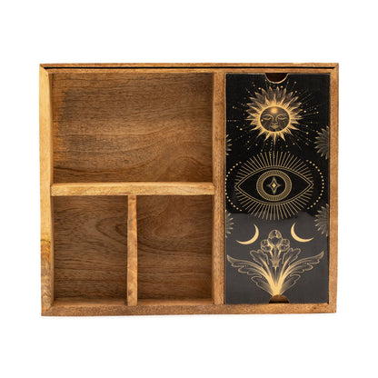 Boîte à tarot à quatre sections pour tirage et rangement structuré - Fait en bois de manguier - 25 x 15 x 5 cm
