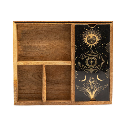 Boîte à tarot à quatre sections pour tirage et rangement structuré - Fait en bois de manguier - 25 x 15 x 5 cm