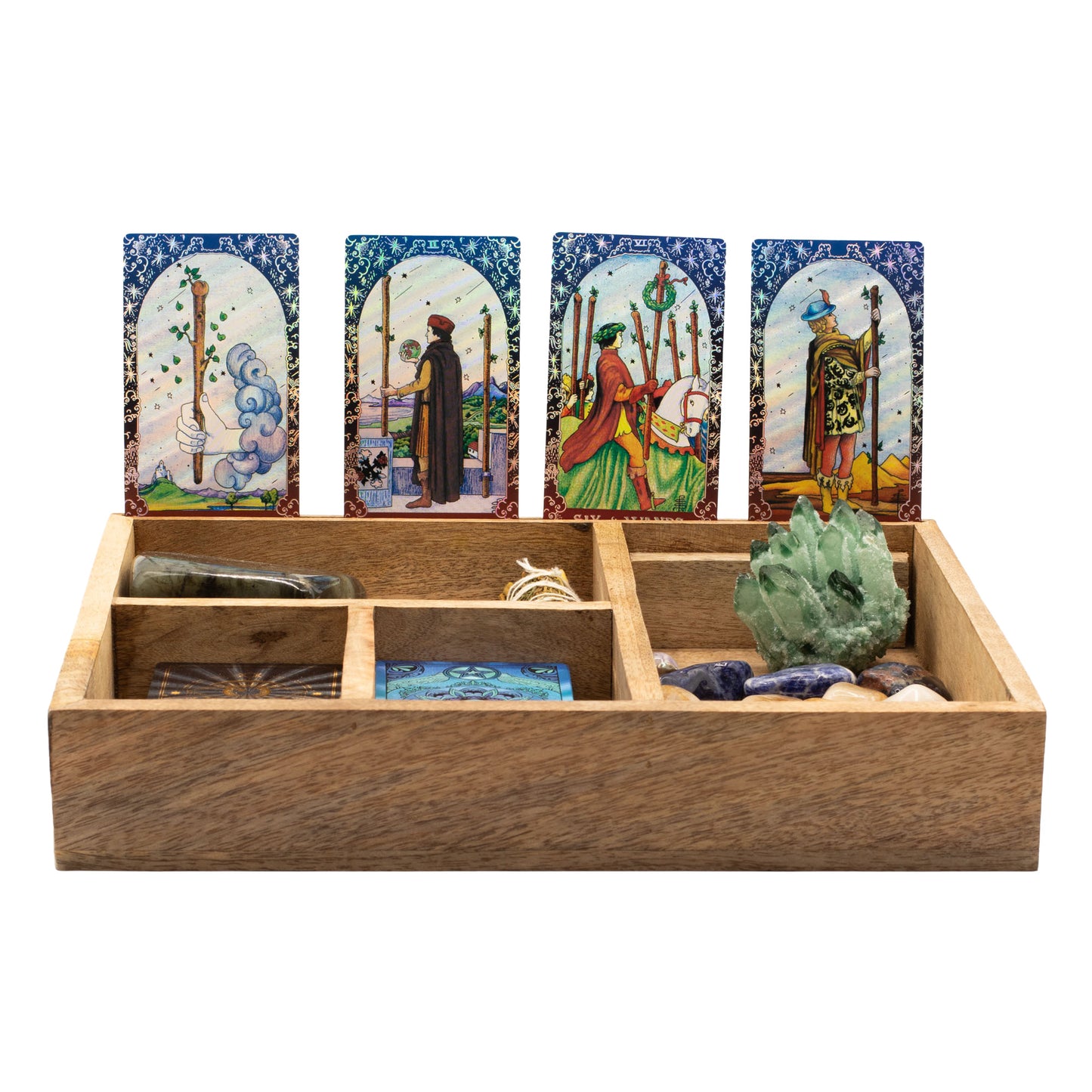 Boîte à tarot à quatre sections pour tirage et rangement structuré - Fait en bois de manguier - 25 x 15 x 5 cm