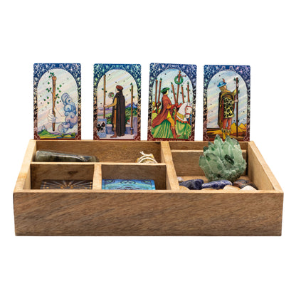 Boîte à tarot à quatre sections pour tirage et rangement structuré - Fait en bois de manguier - 25 x 15 x 5 cm