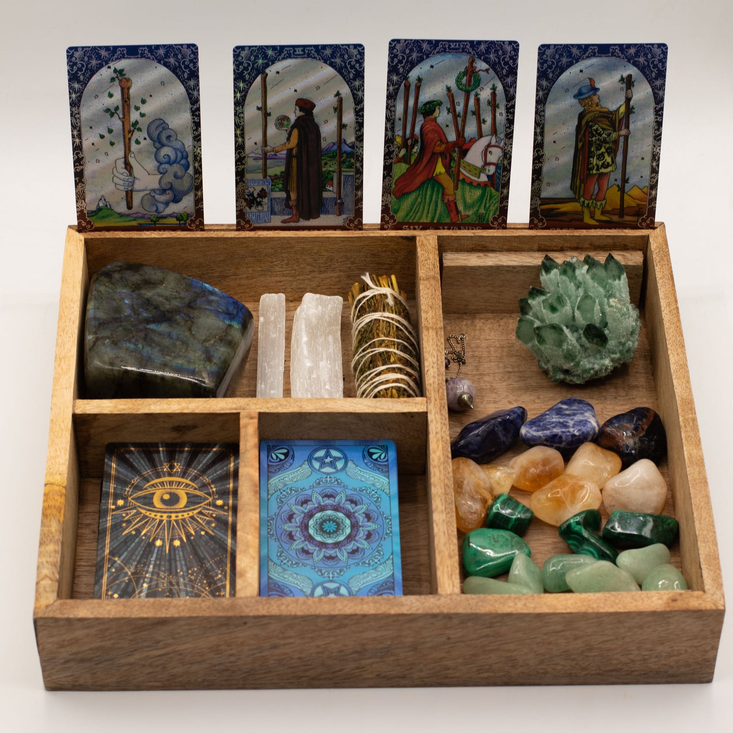 Boîte à tarot à quatre sections pour tirage et rangement structuré - Fait en bois de manguier - 25 x 15 x 5 cm
