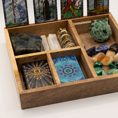 Boîte à tarot à quatre sections pour tirage et rangement structuré - Fait en bois de manguier - 25 x 15 x 5 cm