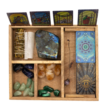 Boîte à tarot à quatre sections pour tirage et rangement structuré - Fait en bois de manguier - 25 x 15 x 5 cm