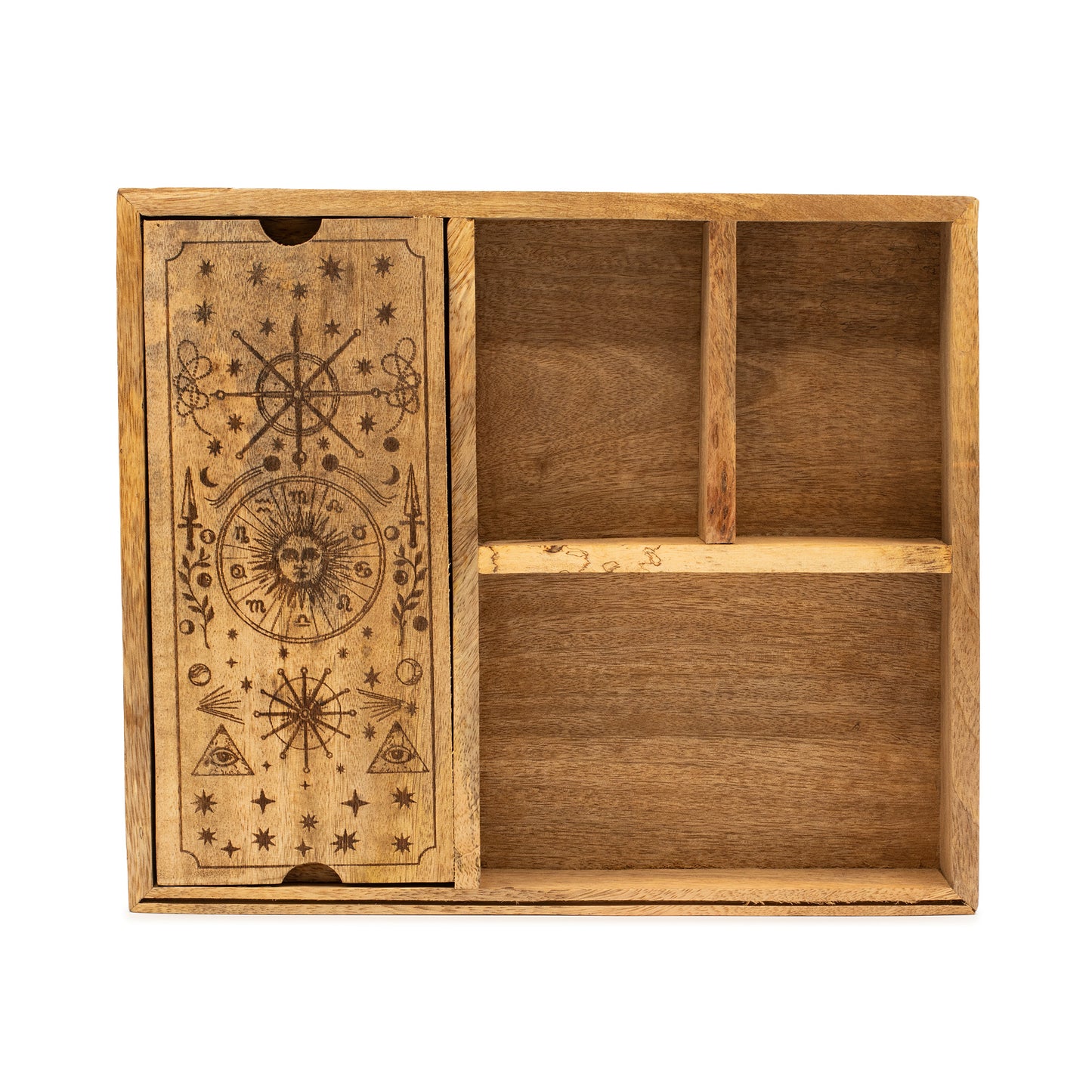 Boîte à tarot à quatre sections pour tirage et rangement structuré - Fait en bois de manguier - 25 x 15 x 5 cm