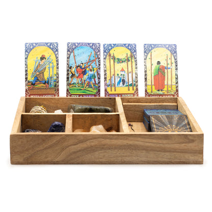 Boîte à tarot à quatre sections pour tirage et rangement structuré - Fait en bois de manguier - 25 x 15 x 5 cm