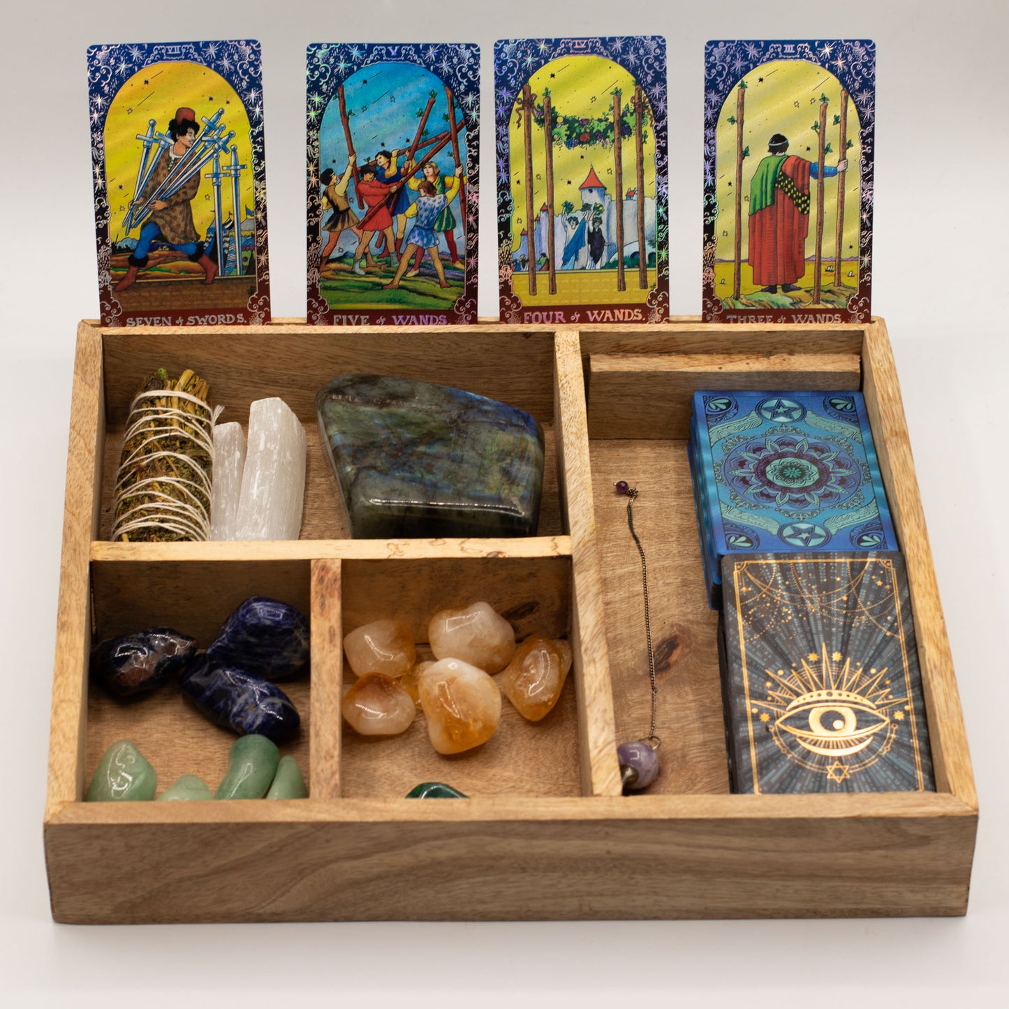 Boîte à tarot à quatre sections pour tirage et rangement structuré - Fait en bois de manguier - 25 x 15 x 5 cm