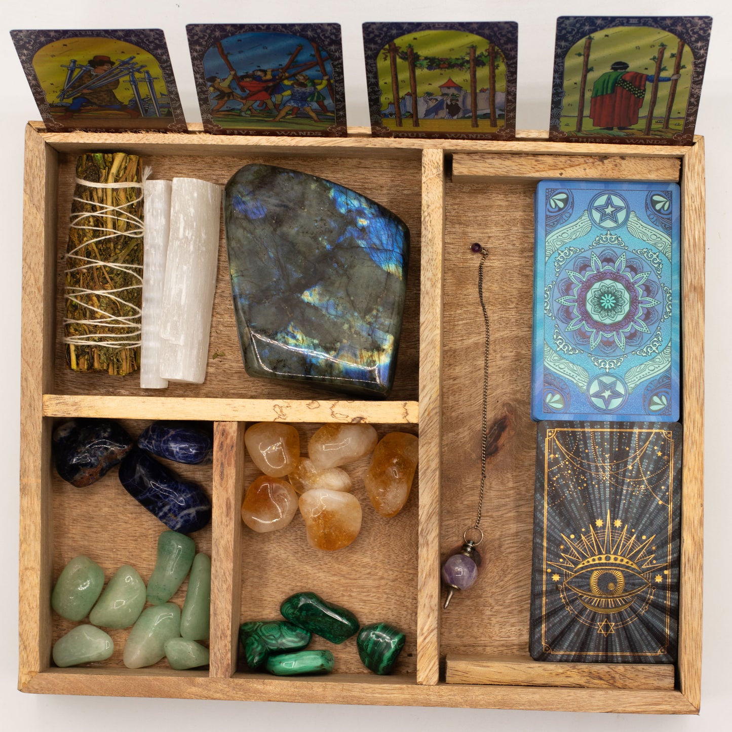 Boîte à tarot à quatre sections pour tirage et rangement structuré - Fait en bois de manguier - 25 x 15 x 5 cm