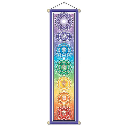 Très jolies bannières verticales, 3 modèles de 15x60 ou 30x120 centimètres, avec motifs des 7 chakras, Namasté ou prière 'O.M.P.H' (Om Pas Me Hum)... Parfait pour les portes, murs, rituels, salons !...